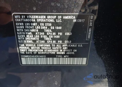 2018 Volkswagen Atlas 3.6L V6 Sel z USA, uszkodzony, nr VIN 1V2MR2CA3JC514012